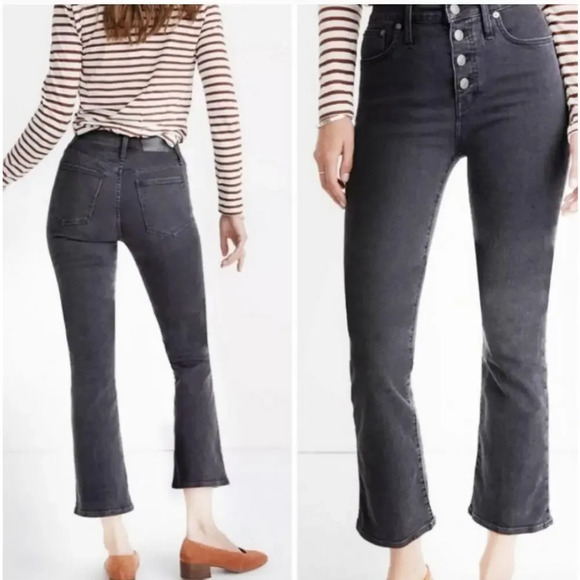 Madewell Women's Demi-Boot Cropped Jean Size 25 Black Wash Button Fly Raw Hem - Picture 1 of 11
